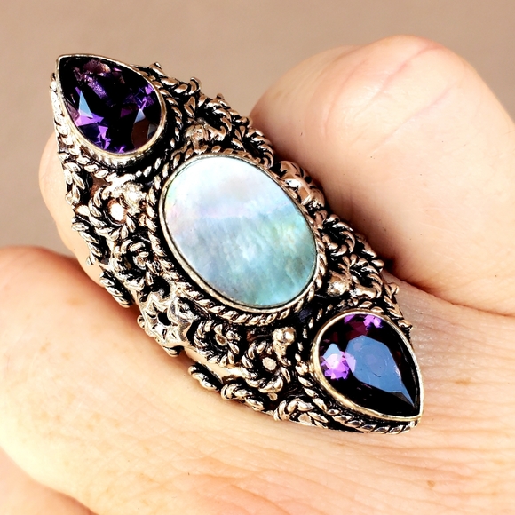 New Abalone Shell & Amethyst 925 Silver Statement Ring. - Picture 3 of 16